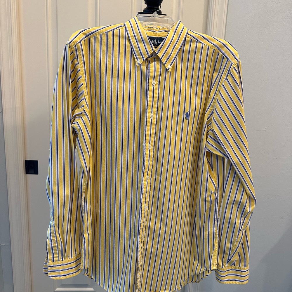 Ralph Lauren Classic Fit Yellow/Blue Stripe Long Sleeve Shirt - Large